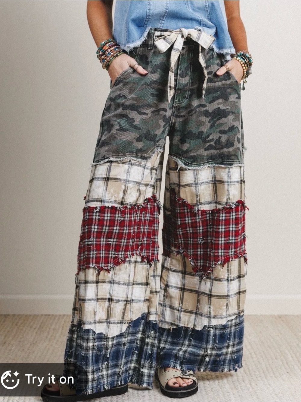 Pol Camo Meets Plaid Wide Leg Pant Medium Mixed Forest Flannel Bohemian Festival